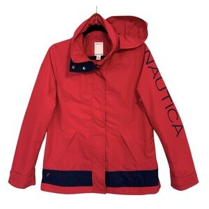 Nautica J Class Red Hooded Windbreaker Jacket Women’s L Logo Sleeve 2010s Y2K‎